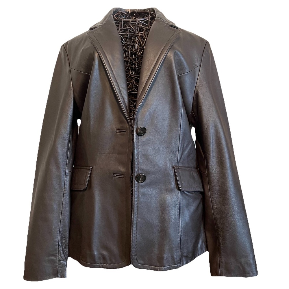 JLC New‎ York Outerwear Classic 2 Button Brown Leather Blazer Jacket Sz S Lined